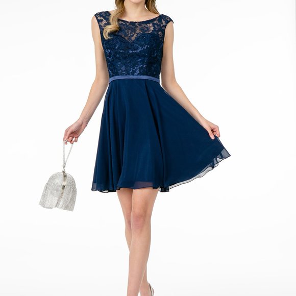 GLS Collective Dresses & Skirts - NEW NAVY  Scoop Neck Lace Neckline Short Dress GS2807